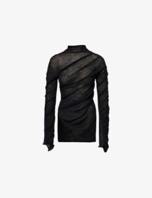 Shop Issey Miyake Womens Black Ambiguous Ruched Wool Top