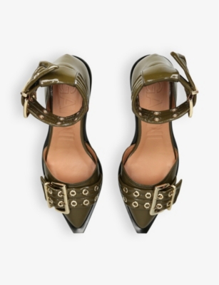 Ganni Khaki Feminine Buckle Open Cut Heels In Dark Green