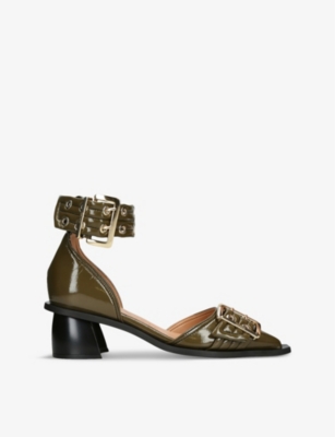 Ganni Khaki Feminine Buckle Open Cut Heels In Dark Green