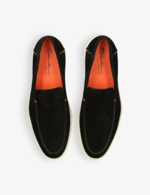 Santoni Almond-toe Suede Loafers In Black