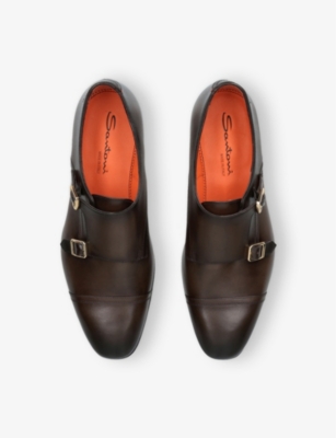 SANTONI MENS DARK BROWN BLAKE MONK DOUBLE-BUCKLE LEATHER SHOES