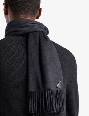 Prada Logo-plaque Fringed Cashmere Scarf In Black