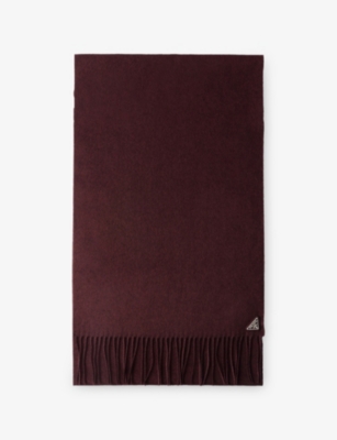 Prada Mens Burgundy Logo-plaque Fringed-trim Silk And Cashmere-blend Scarf In Burgundy