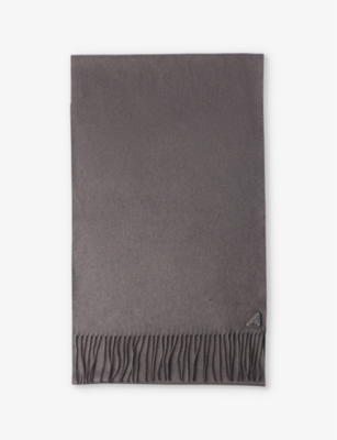 Prada Mens Grey Logo-plaque Fringed-trim Silk And Cashmere-blend Scarf In Grey