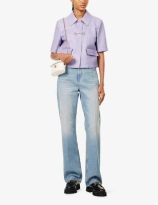 Gucci Womens Flared Short-sleeves Regular-fit Leather Jacket Light Wisteria In Light Wisteria