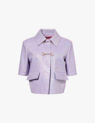 GUCCI: Flared Short-Sleeves Regular-Fit Leather Jacket
