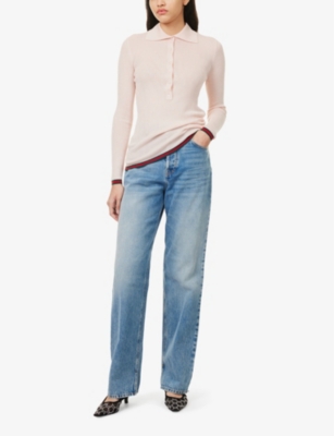 Gucci White Polo Shirt With Spread Collar And Web Detailed Trims In Cashmere And Silk Blend Woman In Pale Rose