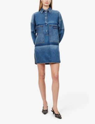 Gucci Womens Lasered Brand-logo Washed Denim Mini Dress Blue Light Blue In Blue Light Blue