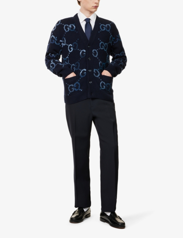 Monogram-print V-neck relaxed-fit wool-blend cardigan