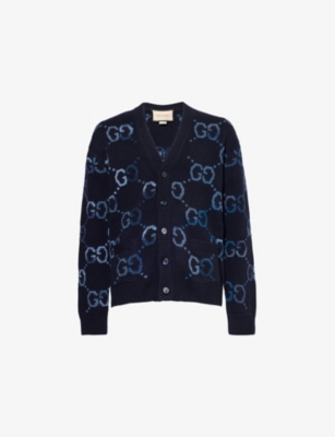 Gucci Mens Monogram-print V-neck Relaxed-fit Wool-blend Cardigan Navy Mc Xl In Navy Mc