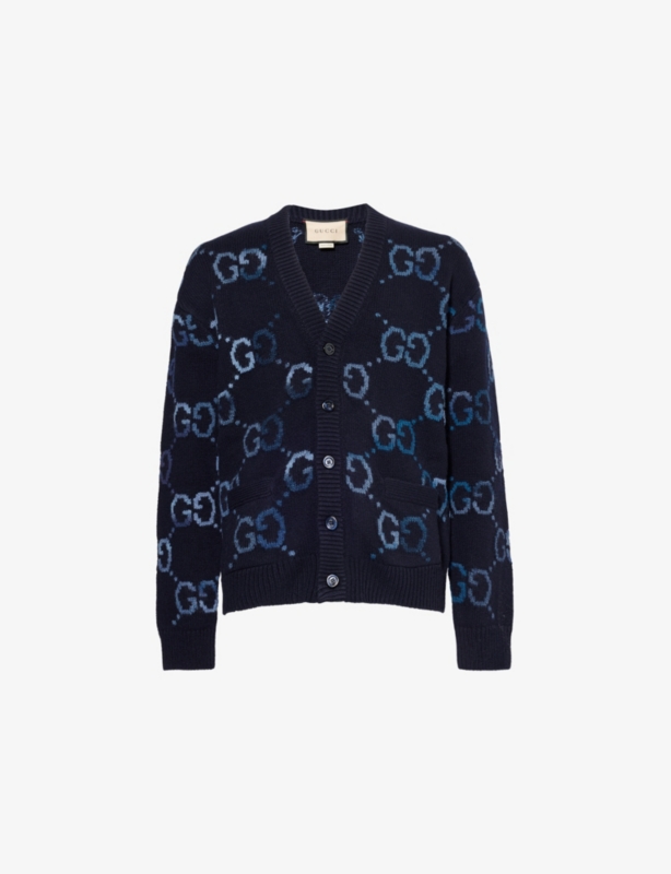 Monogram-print V-neck relaxed-fit wool-blend cardigan