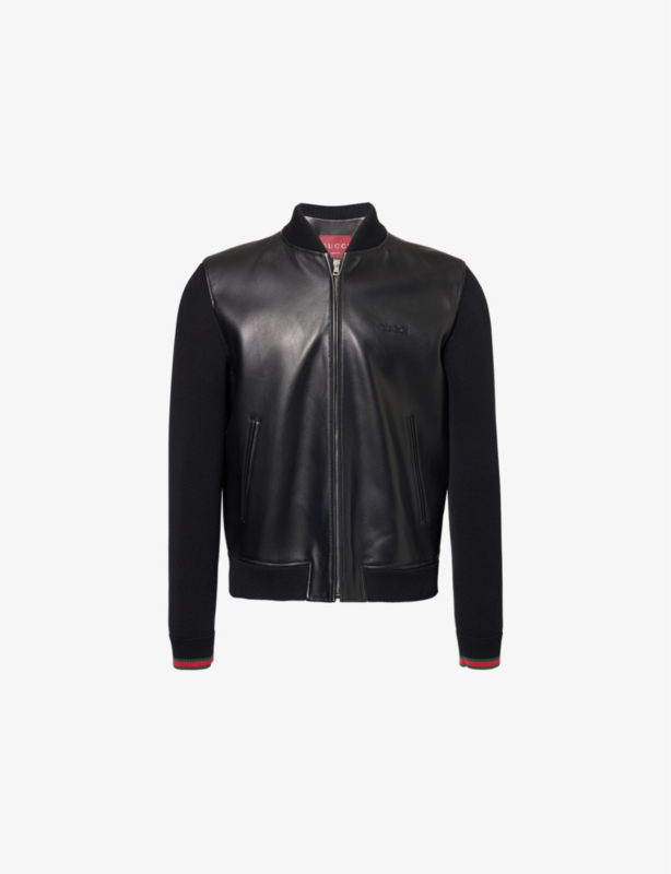 Crew-neck knitted-long-sleeves regular-fit leather jacket
