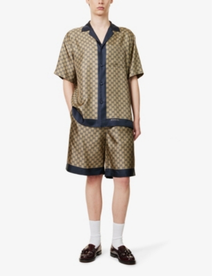 Shop Gucci Mens Blue Beige Mc Monogram-print Short-sleeves Relaxed-fit Silk Shirt