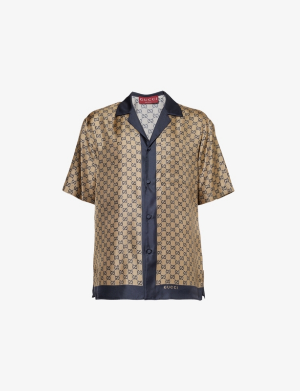 Monogram-print short-sleeves relaxed-fit silk shirt