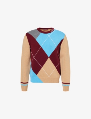 GUCCI: Diamond-pattern crewneck knitted wool and cashmere jumper