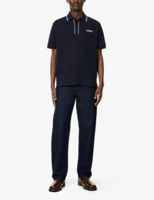 Gucci Mens Logo Text Embroidered Cotton Polo Shirt Blue Navy In Blue Navy