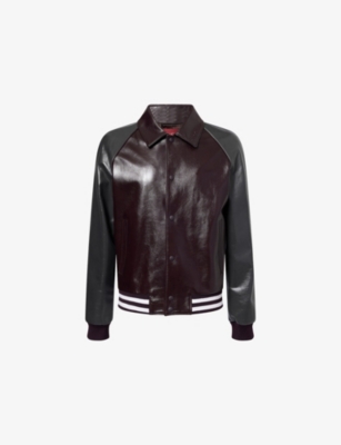 Gucci Mens Logo-embossed Shiny Leather Bomber Jacket Burgundy Antracite