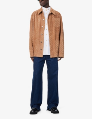 Gucci Mens  Monogram Three-patch-pockets Relaxed-fit Suede Jacket In Camel