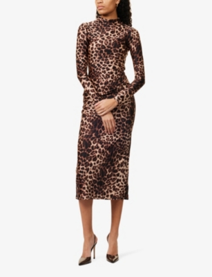 GOOD AMERICAN WOMENS GOOD AMERICAN LEOPARD-PRINT LONG-SLEEVES STRETCH-WOVEN MIDI DRE 