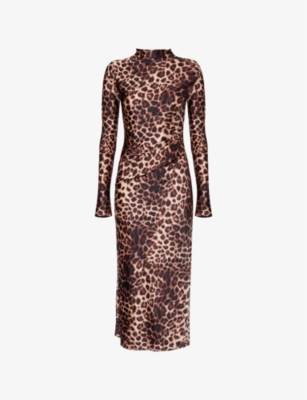 GOOD AMERICAN WOMENS GOOD AMERICAN LEOPARD-PRINT LONG-SLEEVES STRETCH-WOVEN MIDI DRE 