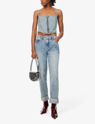Good American Womens  The Weekender Folded-cuffs Straight-leg High-rise Denim-blend Jeans In Indigo750