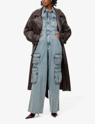GOOD AMERICAN WOMENS INDIGO762 FIT FOR SUCCESS BUTTONED-POCKETS WIDE-LEG DENIM-BLEND JUMPSUIT XS 