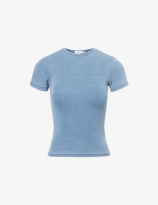 GOOD AMERICAN WOMENS INDIGO376 JEANIUS RIBBED STRETCH-WOVEN T-SHIRT 