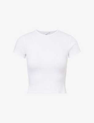 GOOD AMERICAN WOMENS GOOD AMERICAN POINTELLE SHORT-SLEEVES STRETCH-WOVEN BLEND T-SHIRT 