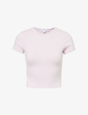 GOOD AMERICAN WOMENS COTTON CANDY PINK003 POINTELLE SHORT-SLEEVES STRETCH-WOVEN BLEND T-SHIRT XS 