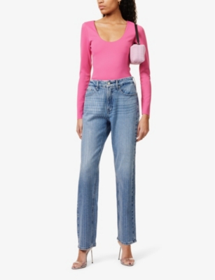GOOD AMERICAN WOMENS INDIGO728 GOOD ICON RHINESTONE STRAIGHT-LEG HIGH-RISE STRETCH-DENIM JEANS 