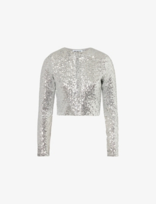 GOOD AMERICAN WOMENS METALLIC SILVER001 SEQUIN-EMBELLISHMENT LONG-SLEEVES WOVEN TOP 