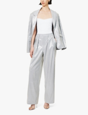 GOOD AMERICAN WOMENS GOOD AMERICAN SEQUIN-EMBELLISHED SUITING WIDE-LEG WOVEN TROUSERS 