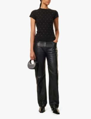 GOOD AMERICAN WOMENS BLACK001 CRYSTAL-EMBELLISHED ROUND-NECK STRETCH-COTTON T-SHIRT 