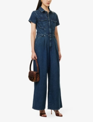 GOOD AMERICAN WOMENS INDIGO724 FIT FOR SUCCESS PLEAT-FRONT WIDE-LEG STRETCH-DENIM JUMPSUIT 