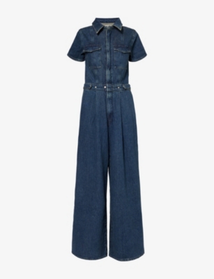 Shop Good American Womens Indigo724 Fit For Success Pleat-front Wide-leg Stretch-denim Jumpsuit