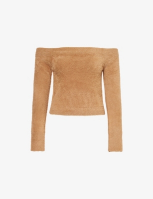 GOOD AMERICAN WOMENS WARM CARAMEL003 BRUSHED OFF-SHOULDER KNITTED TOP 