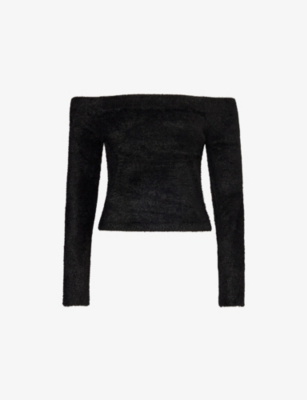 GOOD AMERICAN WOMENS BLACK001 BRUSHED OFF-SHOULDER KNITTED TOP XS 