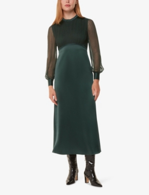 Whistles Womens Dark Green Gathered-bodice Round-neck Satin Maxi Dress In Dark Green