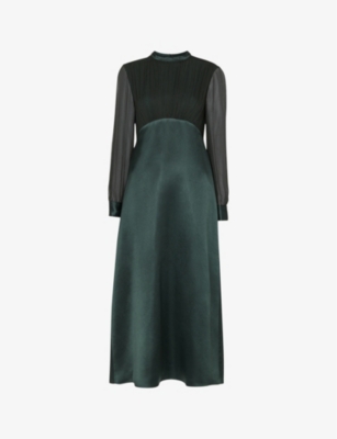 Whistles Womens Dark Green Gathered-bodice Round-neck Satin Maxi Dress