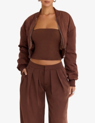 MISTRESS ROCKS: Ribbed-collar zip-up cropped shell bomber jacket
