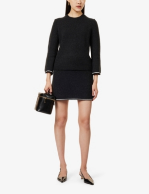THEORY WOMENS BLACK MULTI CONTRAST-STITCHING ROUND-NECK WOOL-BLEND JUMPER 