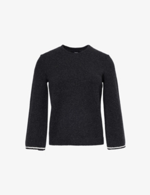 THEORY WOMENS BLACK MULTI CONTRAST-STITCHING ROUND-NECK WOOL-BLEND JUMPER 