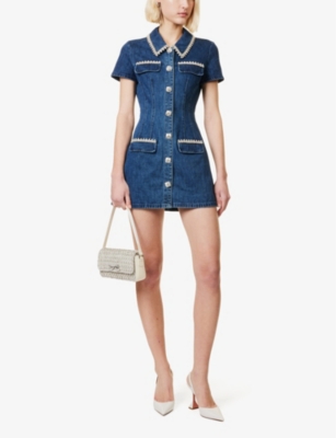 SELF-PORTRAIT: Pointed-collar crystal-embellished denim mini dress
