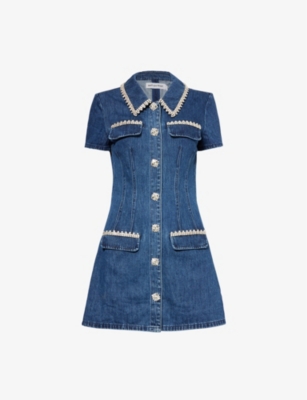 SELF-PORTRAIT: Pointed-collar crystal-embellished denim mini dress