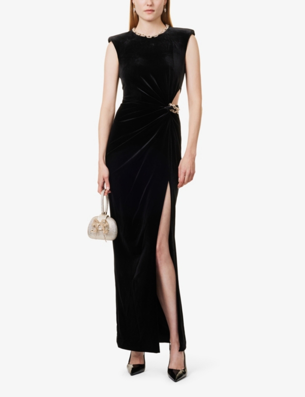 Chain-embellished sleeveless stretch-velvet maxi dress