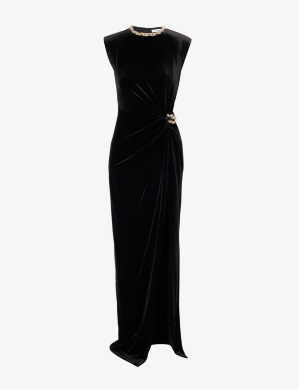 Chain-embellished sleeveless stretch-velvet maxi dress