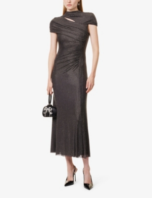 Embellished asymmetric stretch-mesh midi dress