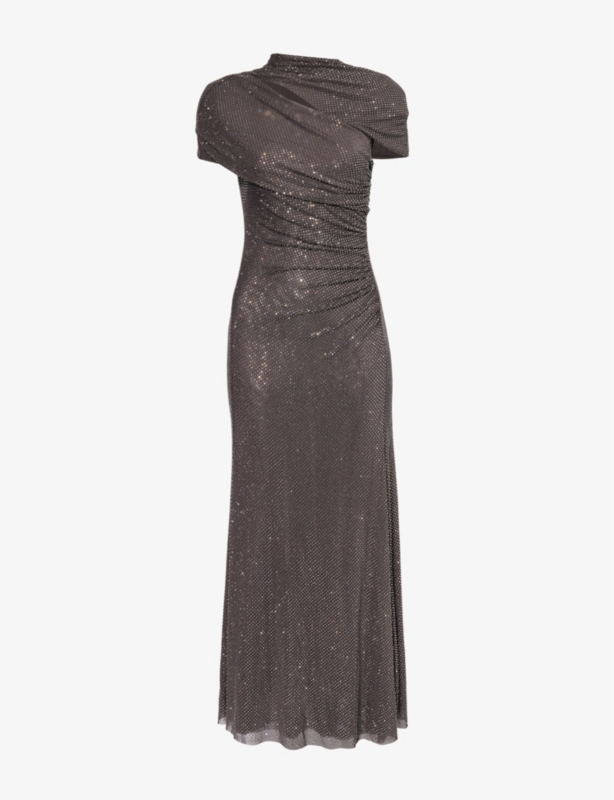 Embellished asymmetric stretch-mesh midi dress
