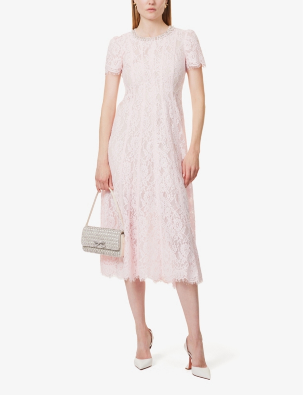Embellished-neckline short-sleeve lace midi dress