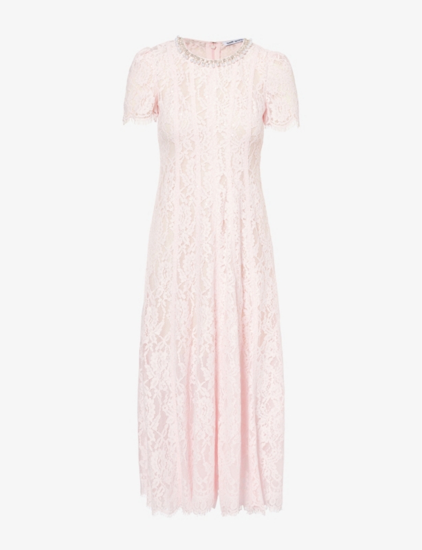 Embellished-neckline short-sleeve lace midi dress